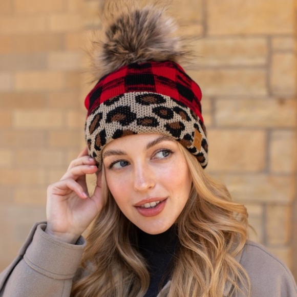 SOLD OUT Leopard Red Buffalo Check Faux Fur Pom Beanie - Picture 4 of 6